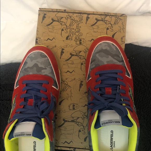 Karl Lagerfeld Red, Blue Suede and Gray Camouflage Sneakers - Picture 5 of 9